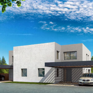 Visualisation – Front Façade with Pergola and Carport Concept | © THA 2024
