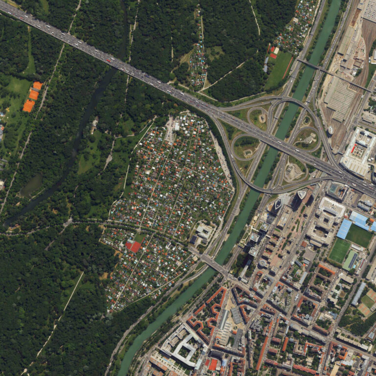 Aerial view of KGV Wasserwiese Kleingarten in Vienna—sustainable urban living.